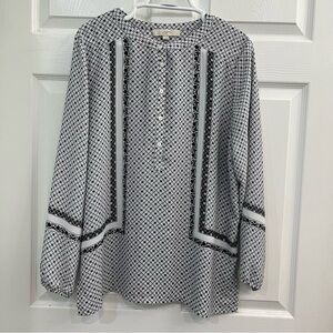 LOFT Black White 3/4 Button Down Long Sleeve Women's Geometric Blouse Top Shirt